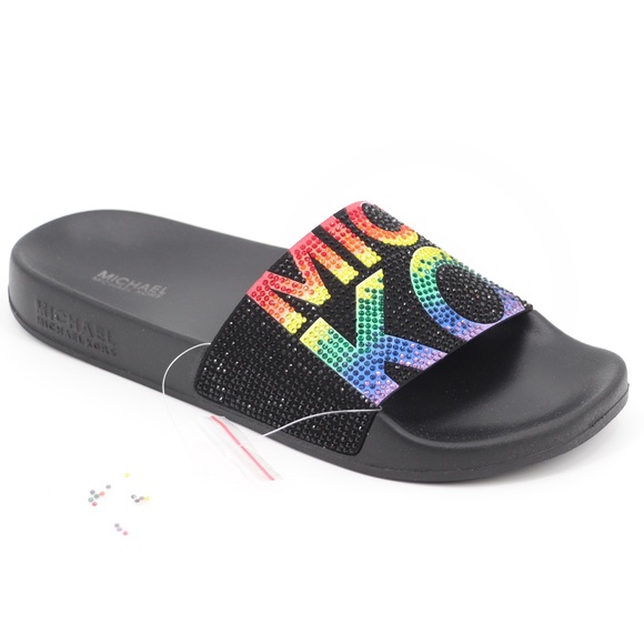 Michael Kors 6 Gilmore Embellished Slide Sandals Black Multi - Picture 8 of 16
